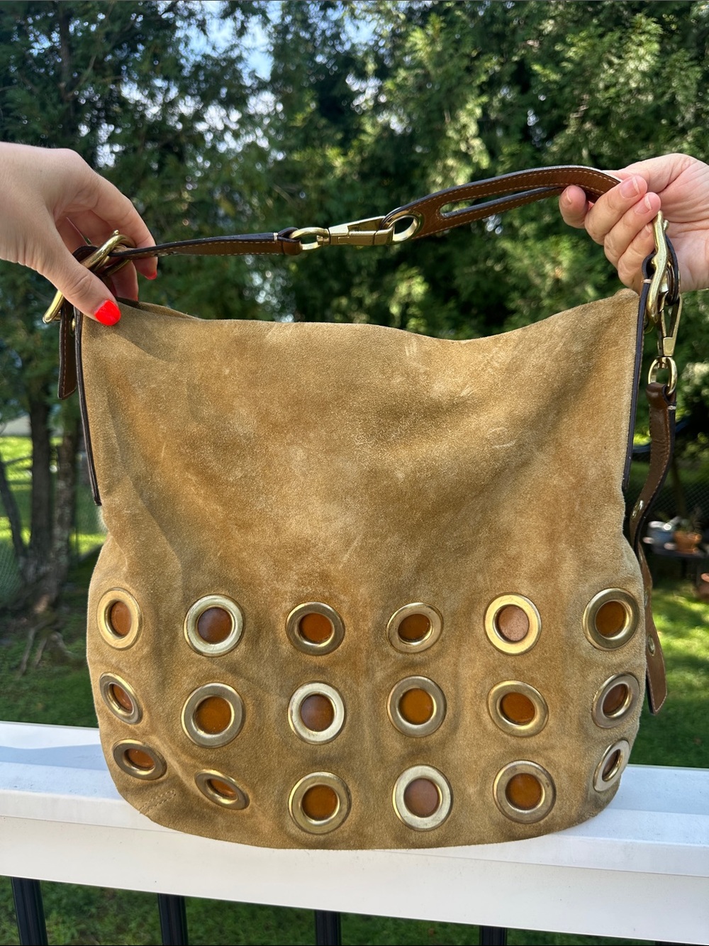 Vintage Coach Tan Suede Grommet Hobo Bag with Tassel 1422